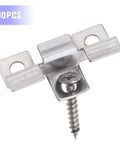 Close-up of 100 pieces decking hidden spacer fasteners board clips with self tapping screws stainless steel DIY hardware.