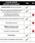 Comparison chart displaying features of a phone proximity alert device; highlights include reliability, default alert distance, and no subscription.