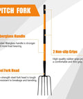 Diagram of Heavy Duty Garden Pitch Fork With 5 Tines And Fiberglass Handle 58 Inches One Piece High Carbon Steel Head Rust Resistant Coating