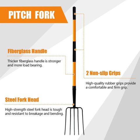 Diagram of Heavy Duty Garden Pitch Fork With 5 Tines And Fiberglass Handle 58 Inches One Piece High Carbon Steel Head Rust Resistant Coating