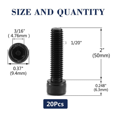 Rugged Badass 1/4-20 X 2 Socket Head Cap Screws Bolts 20 Pack 304 Stainless Steel detailed size dimensions diagram.