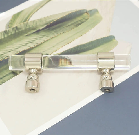 3.25 Inch Acrylic Clear Silver Drawer Pull for Dresser Cabinets, Lucite Knob Hardware with 83mm Center to Center Spacing, Elegant Design