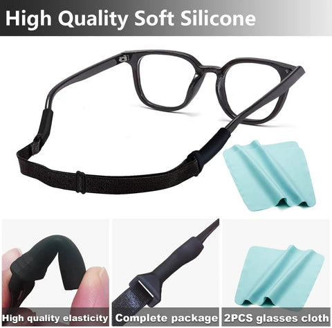 Adjustable Eyeglass Strap Set With Cleaning Cloths For Men Women And Kids, showing straps, glasses, and cloths details