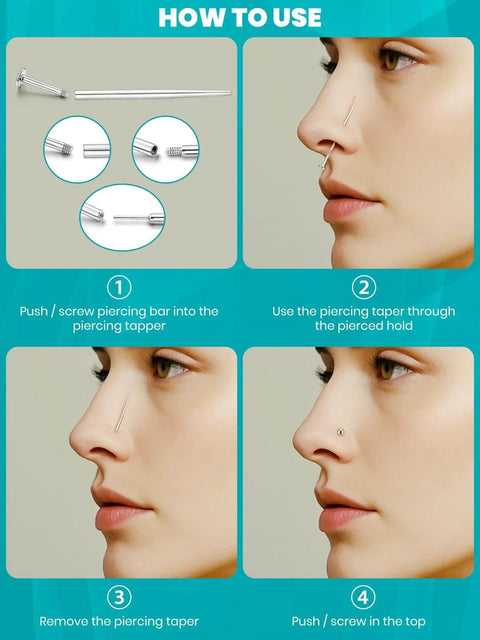 Pro Grade All In One Piercing Taper And Ball Grabber Tool Set 14G Through 20G illustrated nose piercing process