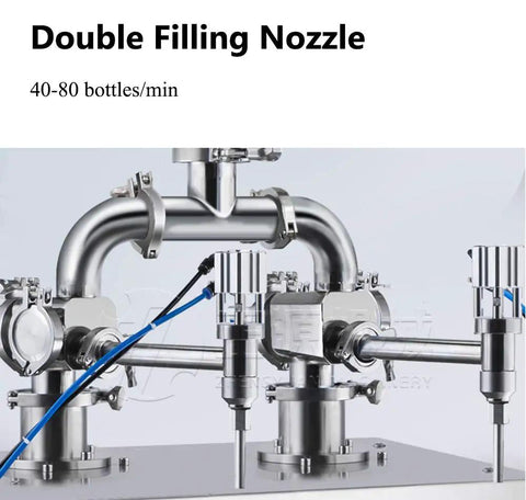 Heavy Duty Double Nozzle Pneumatic Piston Filler For Liquids And Thick Pastes No Sweat Workhorse Rig For Shampoo Lotion Honey And Daily Shop Runs 50 To 500 Ml, showing dual filling nozzles.