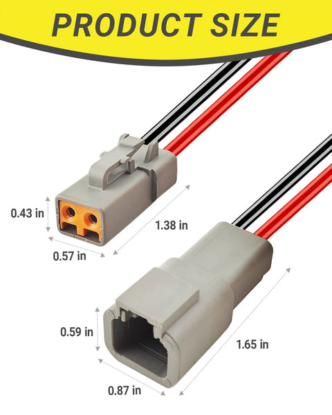 10 AWG 2 Pin DTP Connector Kit 2 Way Automotive Waterproof Electrical Connectors with wire size dimensions shown