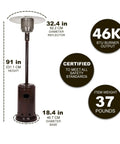 46,000 BTU Portable Outdoor Propane Patio Heater With Wheels, One Touch Ignition, Havana Bronze, showing dimensions and features