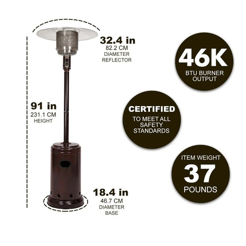 46,000 BTU Portable Outdoor Propane Patio Heater With Wheels, One Touch Ignition, Havana Bronze, showing dimensions and features