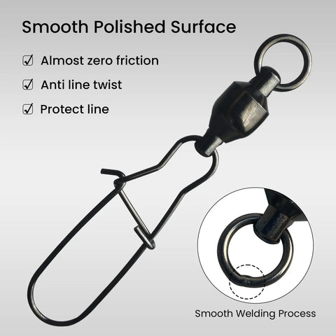25 Pack High Strength Fishing Snap And Swivels Set With Six Stainless Steel Ball Bearings For 360 Degree Rotation And 33 Lb Test Tough As Nails Lure Action For Freshwater And Saltwater Use, black swivel clip