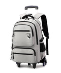 Boys Rolling Backpack With Wheels For School Large Capacity Kids Luggage, gray multi-pocket trolley with retractable handle.