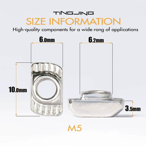 200 Pieces 2020 Series M5 T Nuts Hammer Head Fasteners Nickel Plated Carbon Steel T Slot Nuts size details