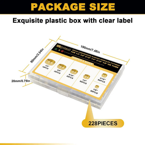 228 Piece Brass Compression Sleeve Ferrule Kit for One Eighth to One Half Inch Tubing in clear labeled box, six tube sizes shown