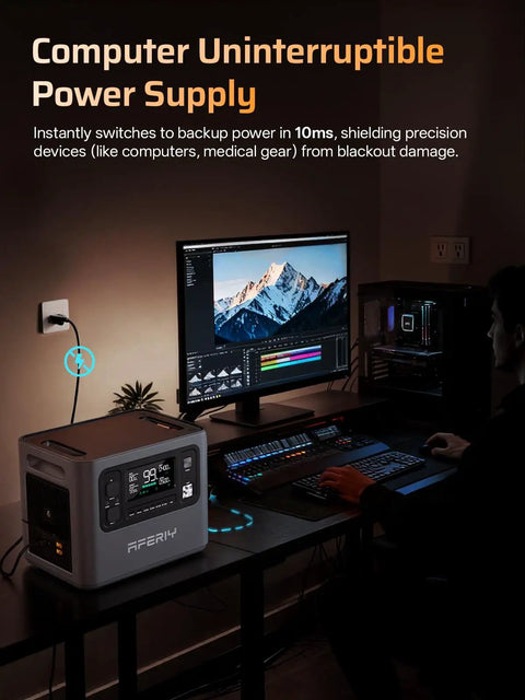 Person using computer with Go To Portable Power Station P280 With 2800W Peak 2048Wh LiFePO4 Battery Expandable For Home Backup
