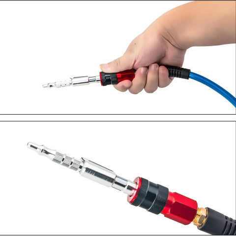 Close-up of hand holding Five Pack One Quarter Inch I M Type Plug Air Blow Guns, showing aluminum construction with adjustable PSI airflow.