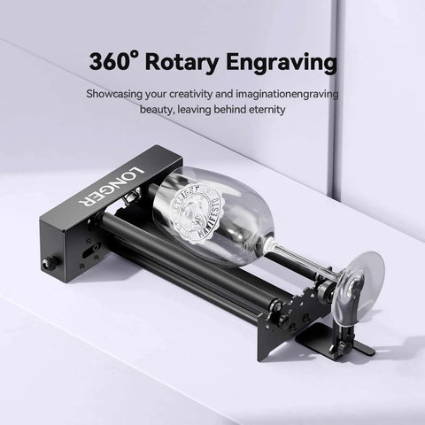 Longer laser engraver rotary roller with bracket, black metal, 360° rotation for cylindrical engraving of bottles