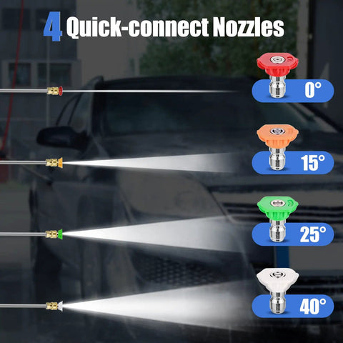 Powerful Electric Pressure Washer For Cars And Outdoor Cleanup with 4 quick-connect nozzles for varied cleaning angles.