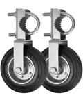 Heavy Duty Gate Wheel For Metal Swing Gate Smooth Rolling Lift With Lock On Non Slip Grip And Built Like A Tank Serrated Mount For Round Pipe Frames In 2 Pack Silver, close-up view of wheels.