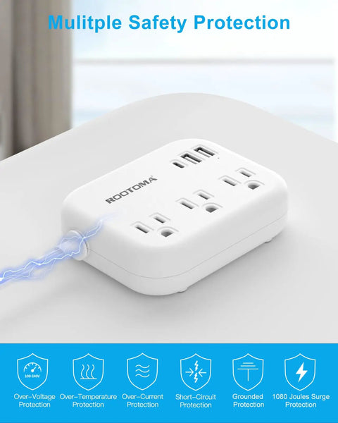 Ultra Thin Flat Extension Cord Five Feet For Behind Furniture And Under Rugs Low Profile Power Strip With Three USB Ports And 1080 Joules Protection great for travel office and indoor use featuring surge protection