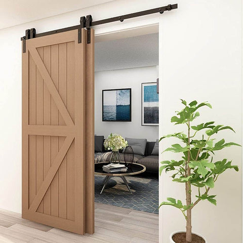 Beefy 11Ft Bypass Barn Door Hardware Kit For 66 Inch Double Doors installed in a living room with wooden door and steel track.