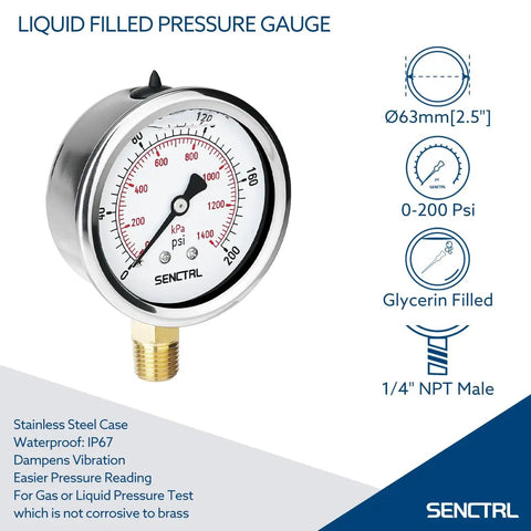 Glycerin Filled Pressure Gauge 0 To 200 Psi With Two And A Half Inch Dial, Quarter Inch NPT Lower Mount Stainless Steel Case