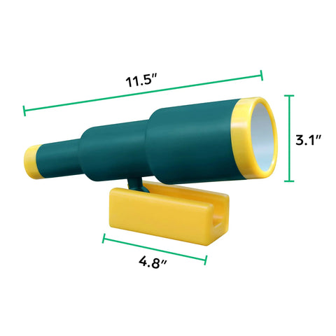 Green pirate telescope accessory, plastic, 11.5 inches, ASTM approved. Pirate Ship Telescope For Kids Outdoor Playset Accessory Plastic Attachment For Treehouse And Backyard Playground Swing Set Green Durable Safe ASTM Approved Fully Rotates For Epic Kid Friendly Make Believe Adventures.
