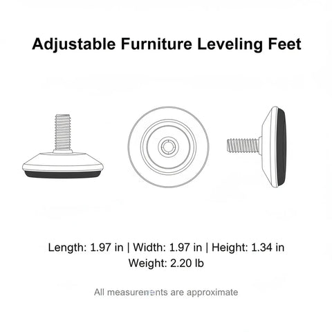 Diagram of Adjustable Furniture Leveling Feet with dimensions; set of 8 for uneven floors, durable PP plastic, silver finish.