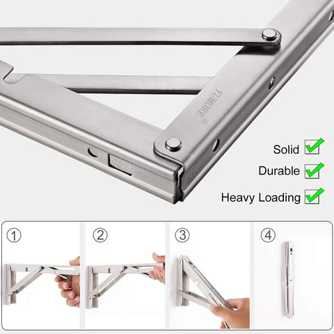 Heavy Duty Folding Shelf Brackets 16 Inch Stainless Steel Supports Collapsible Shelf Bracket For Table And Work Bench 330 Lb Max Load Space Saving DIY Bracket Pack Of 2, close-up view of bracket mechanism
