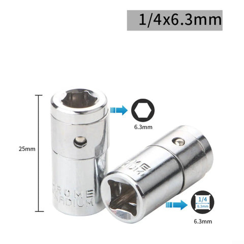 Must Have Hex Socket Adapter Kit forged from tough CR-V Steel Transforms Your 1/4 3/8 And 1/2 Inch Square Drive Ratchets Into Super Cool Screwdriver Bits For Any Drilling Or Driving Job Fast. 1/4 x 6.3mm CR-V socket adapter, 25mm