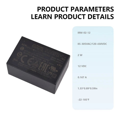 Knockout 2W AC DC Power Supply Module, compact black module, specs visible, designed for industrial automation and machinery.