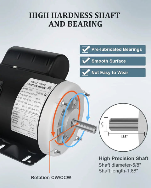Half Horsepower Farm Duty Electric Motor with 5/8 inch shaft, single phase 1750 RPM, 115 to 230 Volt, TEFC, IP55, CW/CCW rotation