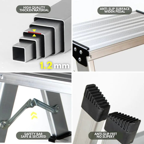 2 Step Aluminum Folding Ladder For Home And Kitchen, Grab And Go Lightweight Portable Step Stool With Wide Pedals, Compact Metal Ladder For RV And SUV, Garage Use, Supports Up To 330 Lbs. 1.2 mm aluminum, anti-slip feet