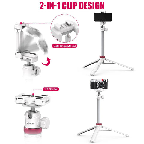 Extendable Phone Tripod And Selfie Stick For Vlogging, 59-Inch Portable 2-In-1 Clip Stand with 360° Ball Head, 1/4 Inch Screw