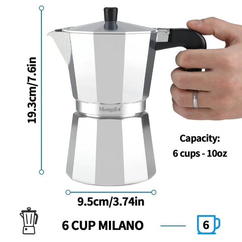 Stovetop Espresso Maker Moka Pot For Barista Grade Espresso, 6 Cup 10 Oz Italian Greca Mocha Pot, silver with handle.