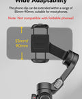 3 Axis Smartphone Gimbal Stabilizer Foldable Handheld For iPhone And Android showing phone clip adjustment range