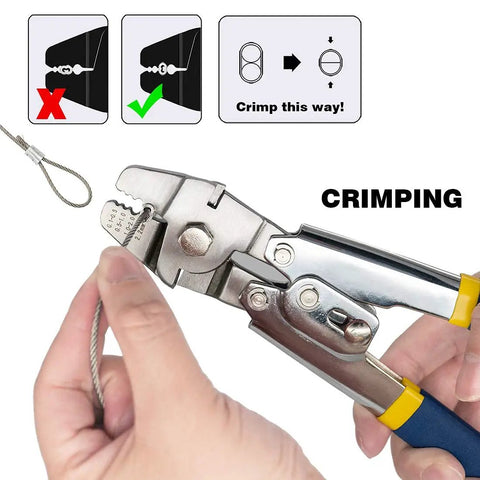 Hands using Heavy Duty Wire Rope Crimping Tool Kit With 2.0Mm Cap Crimper And 140 Pcs Aluminum Ferrule Loop Sleeves Plus 10 Pcs Stainless Steel Thimble Assortment In Four Size Crimping Settings