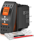 UTV Winch Rocker Switch Momentary With Orange Backlit On Off 7 Pin DPDT For Dual Load Control 20A 12VDC Easy Install Replacement In Winch Panels For Rugged Offroad Use Top Notch black rocker switch with orange backlit winch icon and wiring terminals