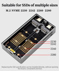 Rock Solid Dual Bay M.2 NVMe SSD RAID Enclosure Offers Supercharged USB Type C Ports showing compatibility for M.2 sizes 2230, 2242, 2260, 2280.