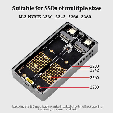Rock Solid Dual Bay M.2 NVMe SSD RAID Enclosure Offers Supercharged USB Type C Ports showing compatibility for M.2 sizes 2230, 2242, 2260, 2280.
