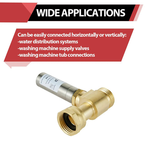 Heavy Duty Stainless Steel Water Hammer Arrestor For Washing Machine Supply Lines Three Quarter Inch Swivel FHT To MHT Connection 250 PSI Max Low Lead Brass CUPC NSF Listed For Horizontal Or Vertical Install, angled view