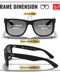 Dimensions of square shape polarized sunglasses for men with light grey gradient lenses, durable black frame for all day comfort.