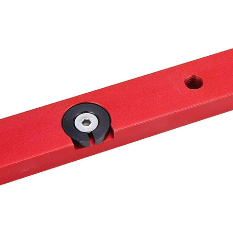 Close-up of Rock Solid Aluminum Miter Bar Slider For Table Saw And Router Table with red finish and mounting hole, adjustable rail.