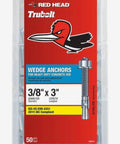 Three Eighths Inch By Three Inch Wedge Anchor Kit 50 Count For Concrete Fastening with fully threaded design box front view