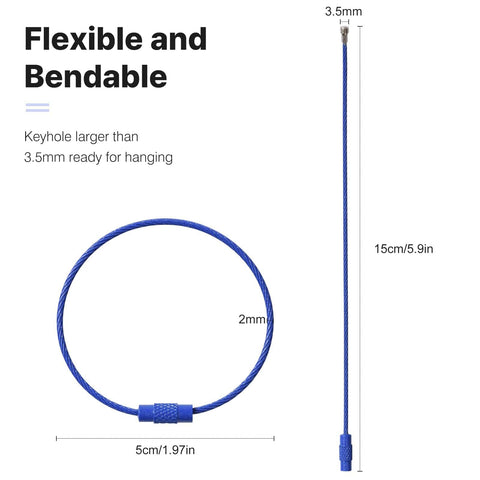 Blue keychain cable from 50 Pcs Colored Stainless Steel Wire Keychain Cables, 5.9 Inches Long, 1.5mm Thick, Multi Use Key Ring Loops in 10 colors