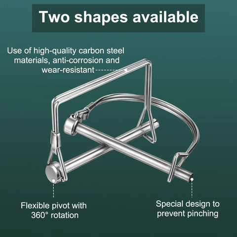 Heavy Duty Ten Piece PTO Shaft Locking Pins Set With Safety Couplers One Quarter Inch By Two And Three Quarters Inch Two Shapes Square And Arch Marine Grade Carbon Steel Silver Universal Fit For Trailers And Hitches displaying two shapes available, highlighting high-quality carbon steel and special design features.