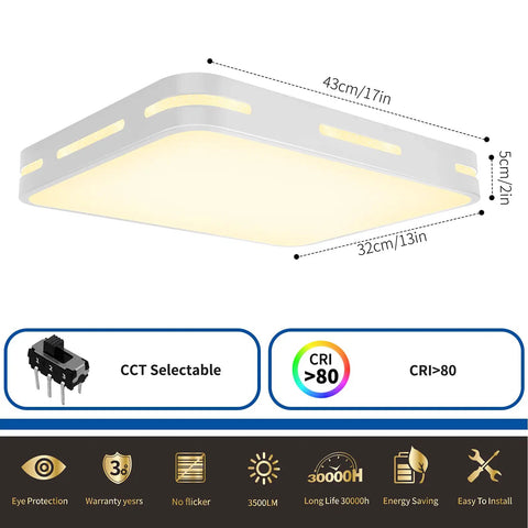 Dimmable LED Ceiling Light Fixture With Remote Control, showing dimensions and features, black frame, 36W, 3800 lumens.