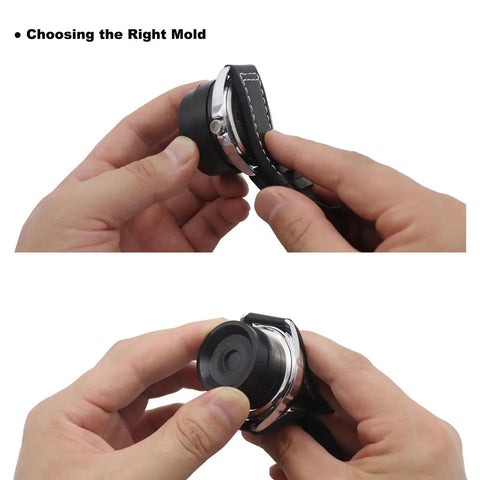 Using Pro Grade Watch Press Tool For Round Dials With Crystal Press And Back Case Closer to choose the right mold for watch case.