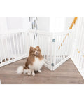 360 Hinges Freestanding Dog Gate With Walk Through Door For Home Use Up To 76 Inches Wide, Two Way Swing gate, white, with dog