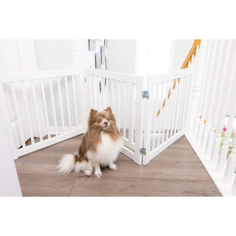 360 Hinges Freestanding Dog Gate With Walk Through Door For Home Use Up To 76 Inches Wide, Two Way Swing gate, white, with dog