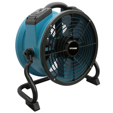 High Airflow Variable Speed Industrial Axial Air Mover With Built In Power Outlets For Water Damage Cleanup And Drying, 14 Inch Blue Stand