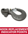 Close-up of gray heavy-duty hook assembly with latch for 1-1/2 ton hand chain hoist
